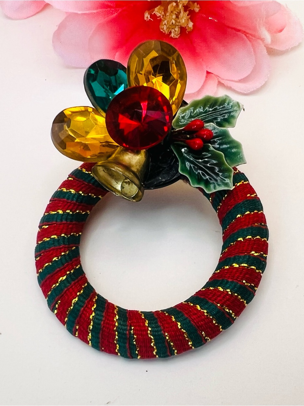 Festive Red and Green Holiday Wreath Brooch with Multicolor Crystal Accents